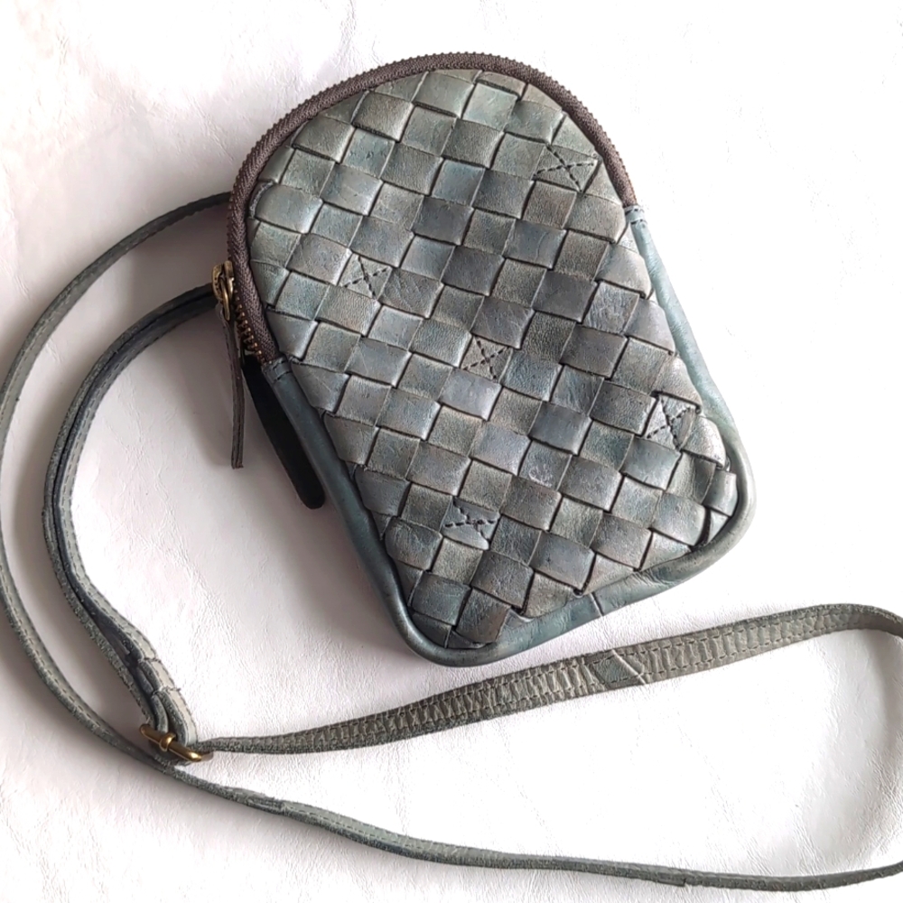 Vilenca Holland Woven Leather Crossbody Bag Sage Aqua Travel Phone Purse